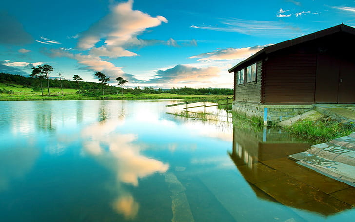Dom nad jeziorem, jezioro, przyroda, dom, Tapety HD