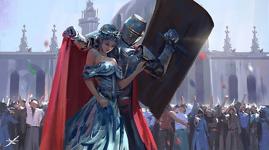 femme aux cheveux bleue à côté de la personne portant une armure de chevalier, armure de chevalier et fond d'écran numérique femme, princesse, chevalier, peinture, WLOP, œuvres d'art, concept art, Fond d'écran HD HD wallpaper