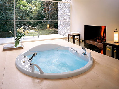 white bathtub, jacuzzi, bathroom, furniture, style, HD wallpaper HD wallpaper