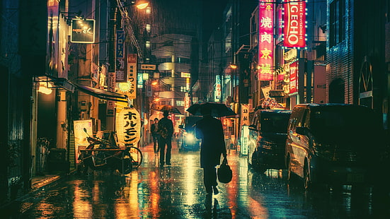 luzes de neon, guarda chuva, fotografia, Japão, noite, Masashi Wakui, manipulação de fotos, HD papel de parede HD wallpaper