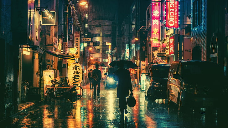 black umbrella, night, Japan, Masashi Wakui, photography, photo manipulation, umbrella, neon lights, HD wallpaper