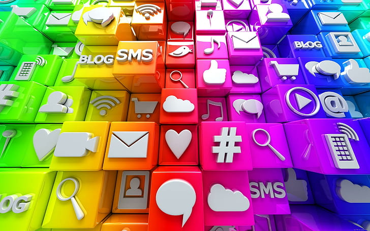 3D Fluo cubes with web icons, icon lot, fluo, graphic, icons, web, color, HD wallpaper