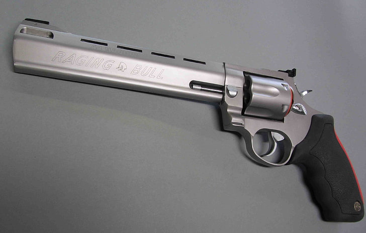 серебряный револьвер, серебристый, красный, пистолет, логотип, черный, оружие, бык, револьвер, Телец, хорошо сконструированный, изготовленный в Бразилии, Taurus Raging Bull II, .44 Magnum, Cal..44, .44, сделано в Бразилии, Raging Bull, HD обои