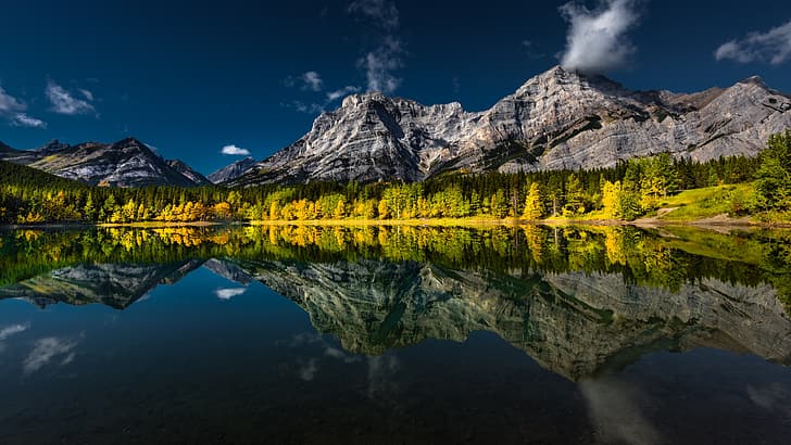 autumn, forest, mountains, lake, reflection, Canada, Albert, Alberta, Canadian Rockies, Pond Wedge, Wedge Pond, HD wallpaper