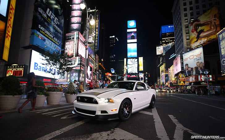Ford Mustang RTR Ночные небоскребы Здания Нью-Йорк Таймс-сквер HD, автомобили, ночь, здания, небоскребы, Форд, новый, мустанг, Йорк, площадь, времена, ртр, HD обои
