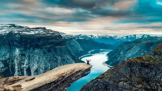 자연, 산, 빙하 호수, 하늘, 마운트 풍경, 빙하 지형, 분화구 호수, 협만, 지역, 물,되다, 구름, 산맥, 호수, Hardangerfjord, 노르웨이, HD 배경 화면 HD wallpaper