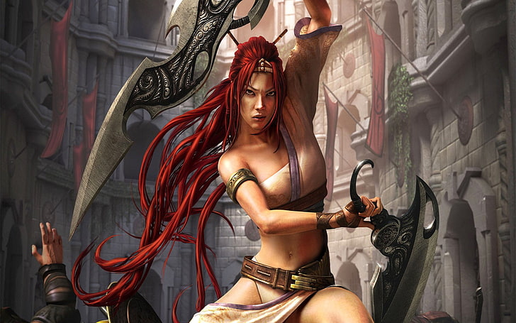 жена, държаща меч тапет, видеоигра, небесен меч, колан, фантазия, червена коса, меч, жена, жена воин, HD тапет