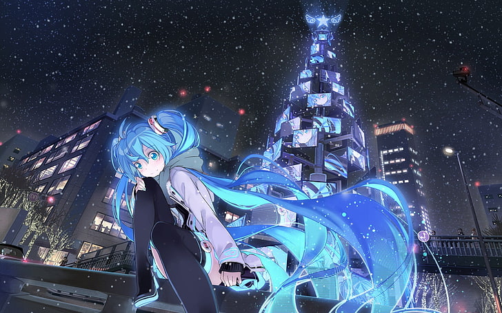 illustration féminine aux cheveux bleus, neige, hiver, Hatsune Miku, Fond d'écran HD