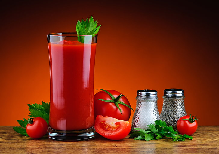 verre, tomates, persil, jus de tomate, Fond d'écran HD