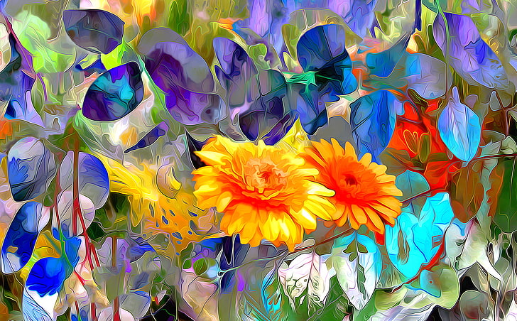 pomarańczowe kwiaty, kwiaty, abstrakcja, sztuka, Tapety HD