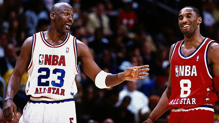 Kobe Bryant and Michael Jordan, basketball, Michael Jordan, Kobe Bryant, smiling, sports, All Star, NBA, men, HD wallpaper