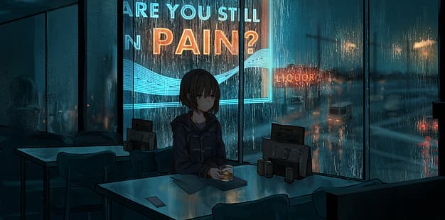 アニメの女の子、座って、暗闇の中で一人で、一人で、 HDデスクトップの壁紙 HD wallpaper