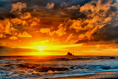 mar, playa, puesta de sol, rocas, Fondo de pantalla HD HD wallpaper