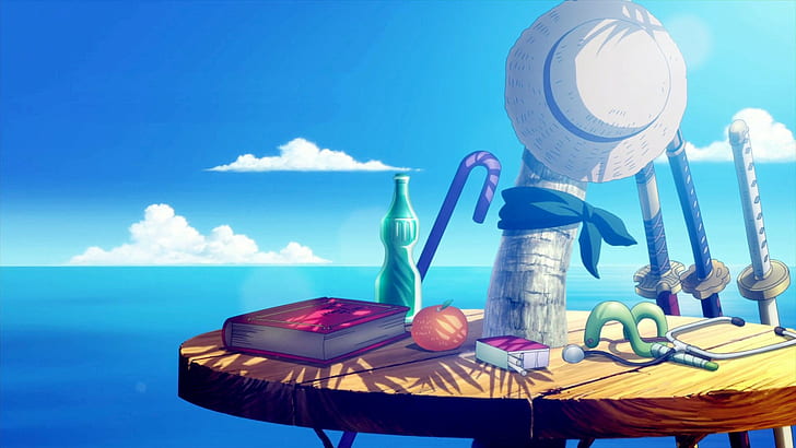 pirati di paglia, anime, bottiglie, cappello, libri, mare, One Piece, cielo, Sfondo HD