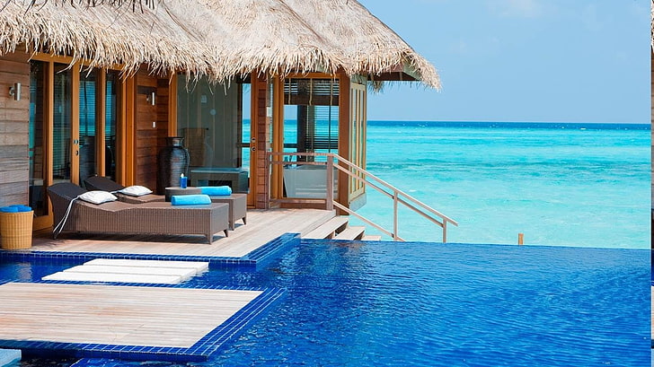 maldives resort swimming pool beach tropical sea luxury summer bungalow nature landscape, HD wallpaper