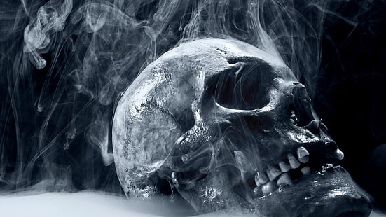 ilustração de crânio humano branco, obras de arte, arte digital, crânio, fumaça, HD papel de parede HD wallpaper
