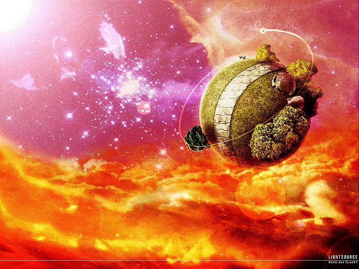 tapeta z okrągłą zieloną planetą, Dragon Ball, King Kai, planeta króla Kai, Gregory, anime, gwiazdy, chmury, Dragon Ball Z, Tapety HD