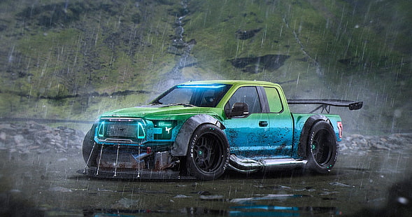 สีเขียวและนกเป็ดน้ำ Ford F-150 Super Cab, Ford, Car, Rain, Rendering, F-150 โดย Khyzyl Saleem, RaptorTrax, วอลล์เปเปอร์ HD HD wallpaper