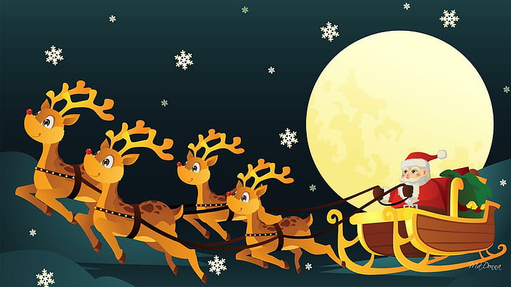 Away We Go, santa clause riding santa sled illustration, st nick, full moon, sleigh, christmas eve flight, snowflakes, christmas, reindeer, santa claus, feli, HD wallpaper