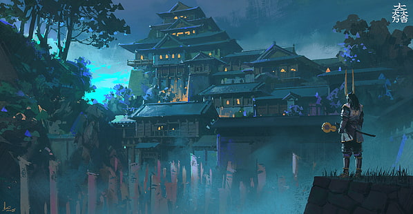 samurai, Ling Xiang, digital, castillo, ilustraciones, hombres, Japón, Fondo de pantalla HD HD wallpaper