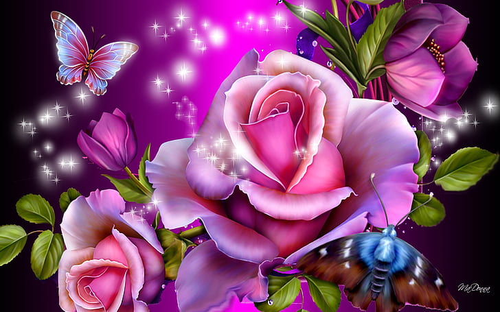 Pink Roses With Butterflies  Hd Wallpaper Gbkt2nw, HD wallpaper