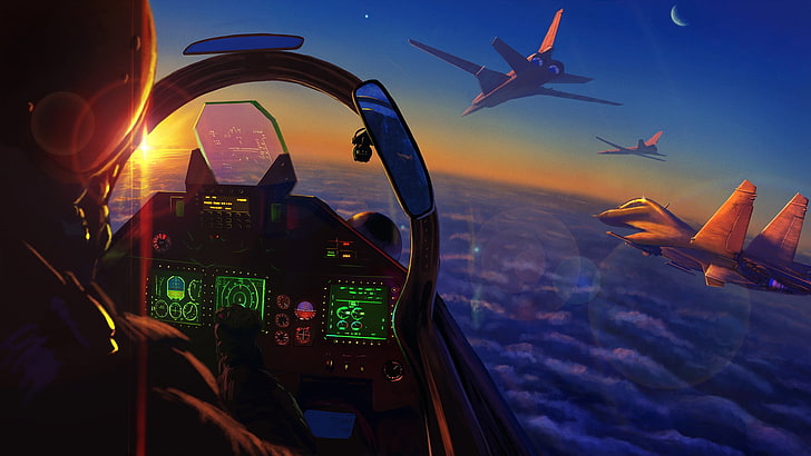 aircraft wallpaper, the sky, flight, the plane, art, BBC, Russia, Su-30, The Tu-160, multi-role fighter, white Swan, cockpit, fighter jet, Videoconferencing, supersonic strategic bomber, accompanies, artist Z. W., display panel devices, Soviet Russian, the cockpit the helm, HD wallpaper
