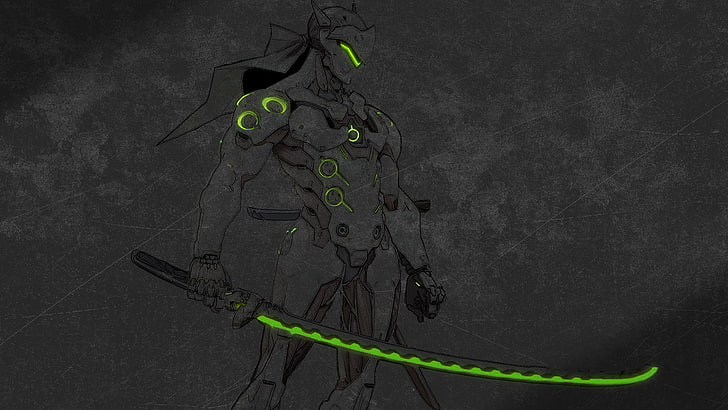 robot holding sword digital wallpaper, Genji (Overwatch), Overwatch, dark, HD wallpaper