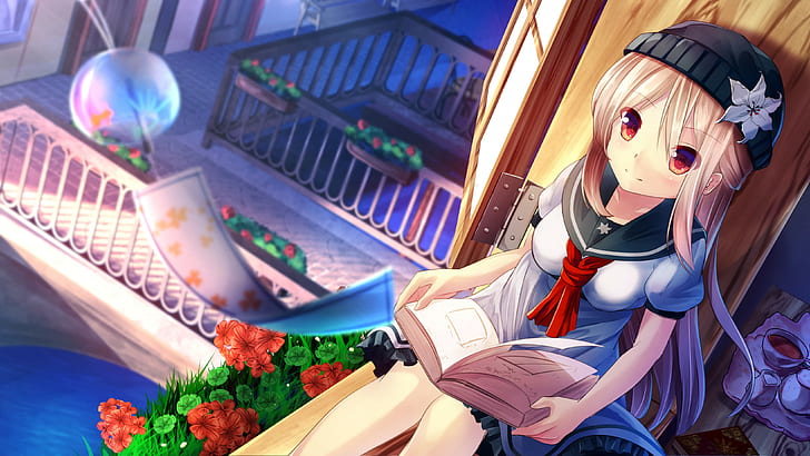 Anime, Anime Mädchen, Bücher, Blumen, lange Haare, blonde, rote Augen, Kleid, HD-Hintergrundbild