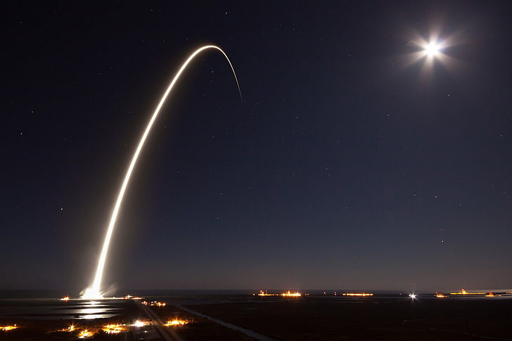 огън, изстрелване, дълго излагане, нощ, ракета, SpaceX, слънчеви лъчи, HD тапет