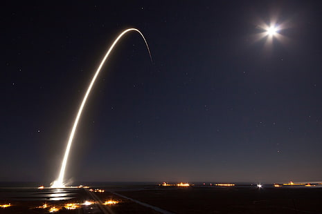 fuoco, lancio, lunga esposizione, notte, razzo, SpaceX, raggi del sole, Sfondo HD HD wallpaper