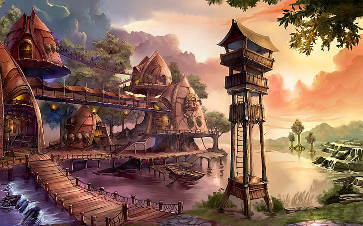 Fantasy Village, casas, montañas, nautre, torre, agua, pueblo, casa, espacio vital, fantasía, ciudad, hogar, naturaleza y l, Fondo de pantalla HD