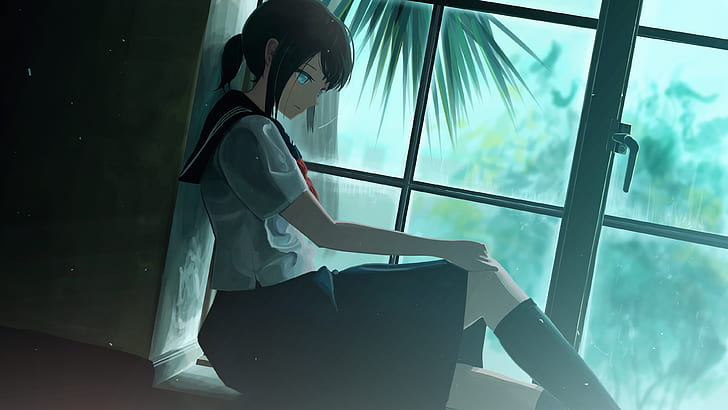аниме училище момиче, прозорец, седи, изглед на профил, аниме, HD тапет