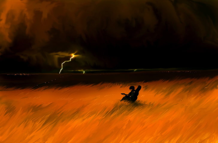 رجل يجلس على خلفية الحقل ، حزين ، عازف ، جيتار ، عاصفة ، برق ، عمل فني، خلفية HD