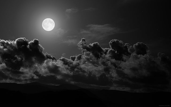 тъмно, монохромно, облаци, Луна, нощ, лунна светлина, небе, природа, HD тапет