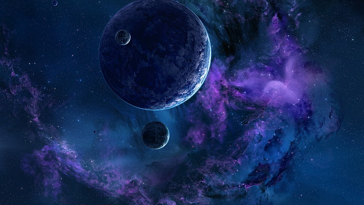 두 개의 회색과 하나의 푸른 행성 디지털 벽지, 행성, 공간, 별, 위성, 갤럭시, 성운, 우주 예술, HD 배경 화면