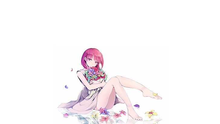 personnage d'anime féminin en papier peint, Magi: le labyrinthe de la magie, Morgiana, anime, rousse, pieds nus, filles anime, jambes, fleurs, fond simple, Fond d'écran HD