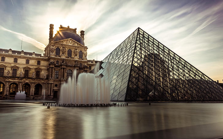 The Louvre Louvre Pyramid Sunlight Fountain Buildings Paris HD, buildings, the, sunlight, architecture, paris, fountain, pyramid, louvre, HD wallpaper