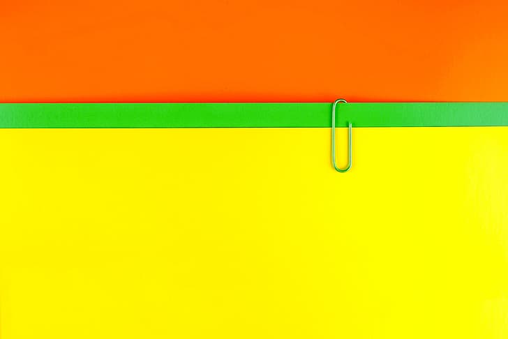 макро, оранжевый, бумага, желтый, зеленый, скрепка, HD обои