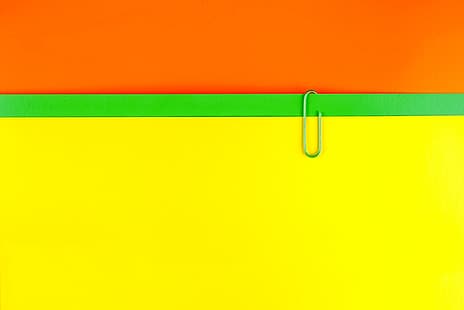 макро, оранжевый, бумага, желтый, зеленый, скрепка, HD обои HD wallpaper
