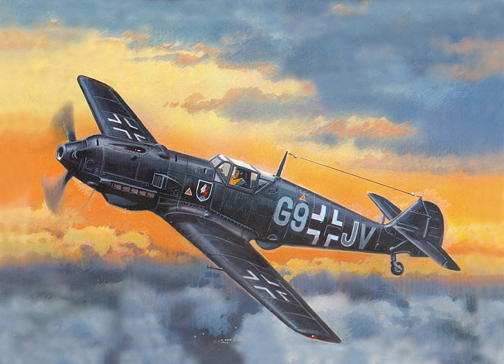 черно-серый реактивный истребитель, иллюстрация, небо, фигура, истребитель, арт, мессершмитт, немецкий, WW2, Bf - 109E4, HD обои