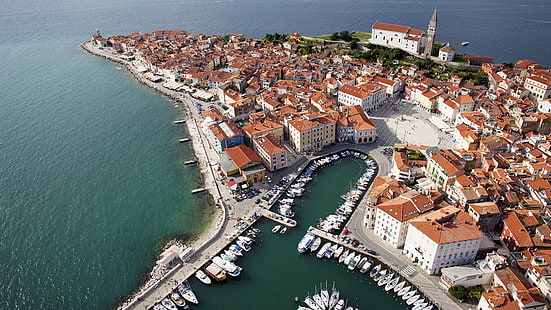 Город Порторож в Словении Адриатическое море Европа Фотография с воздуха 1920 × 1080, HD обои HD wallpaper