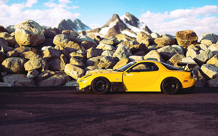 yellow coupe, Mazda, cars, auto, Tuning, Wallpaper HD, tuning cars, DRIFT, Drift cars, Rx7, Mazda rx7, HD wallpaper