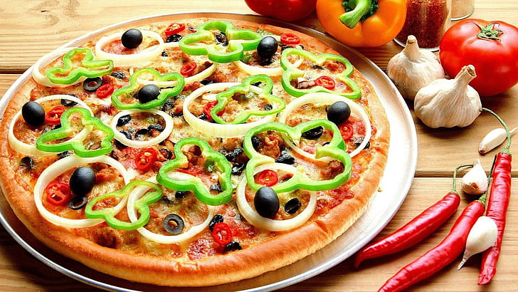 Pizza vegetariana, pizza e pimenta vermelha, fotografia, 1920x1080, comida, vegetais, pizza, HD papel de parede