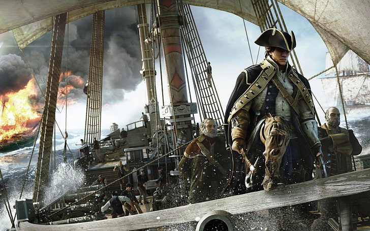 capitaine sur fond d'écran numérique de navire, voilier, Assassin's Creed, jeux vidéo, Assassin's Creed III, navire, art numérique, Fond d'écran HD