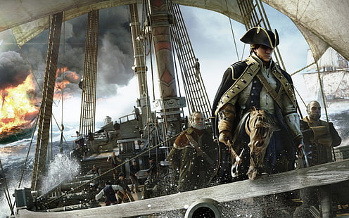 papel de parede digital do capitão no navio, veleiro, Assassin's Creed, videogame, Assassin's Creed III, navio, arte digital, HD papel de parede HD wallpaper