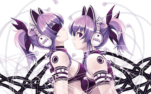 Tapete mit zwei weiblichen Anime-Figuren, Anime-Mädchen, Kopfhörer, Drähte, Augenbinde, Katzenohren, Nekomimi, HD-Hintergrundbild HD wallpaper