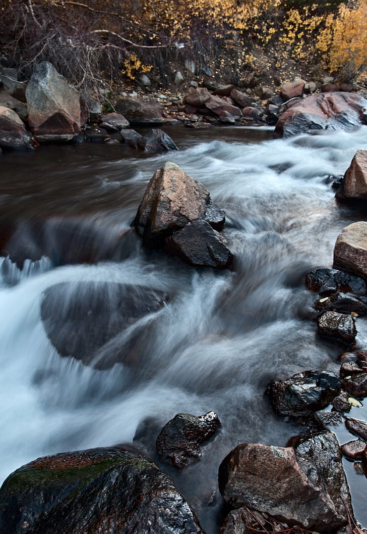 timelapse photography of river flow, bishop creek, bishop creek, Bishop Creek, timelapse photography, river, flow, stream, Eastern Sierra, water, nature, waterfall, rock - Object, outdoors, forest, flowing Water, scenics, landscape, beauty In Nature, autumn, flowing, freshness, mountain, HD wallpaper