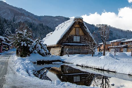 vinter, väg, snö, landskap, berg, by, hem, Japan, skog, damm, Shirakawa-go, HD tapet HD wallpaper