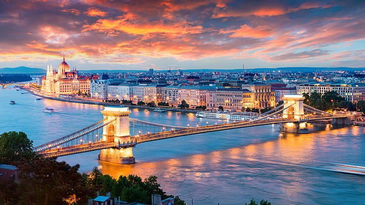 верижен мост, Будапеща, Унгария, Европа, Дунав, мост, 8k uhd, HD тапет