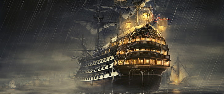 茶色の帆船、船、ウルトラワイド、描かれた、帆船、 HDデスクトップの壁紙
